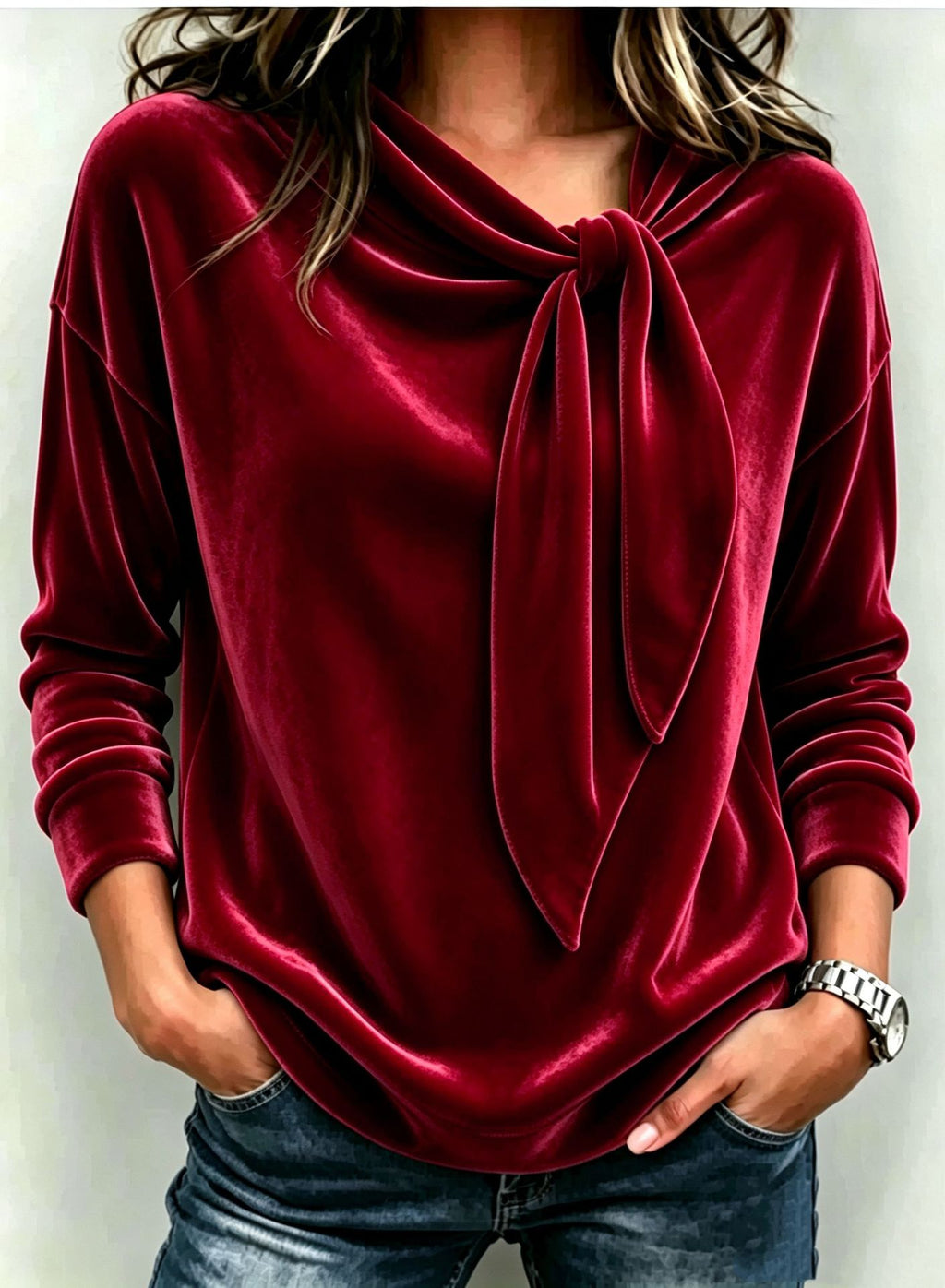 Solid color long sleeved bow top