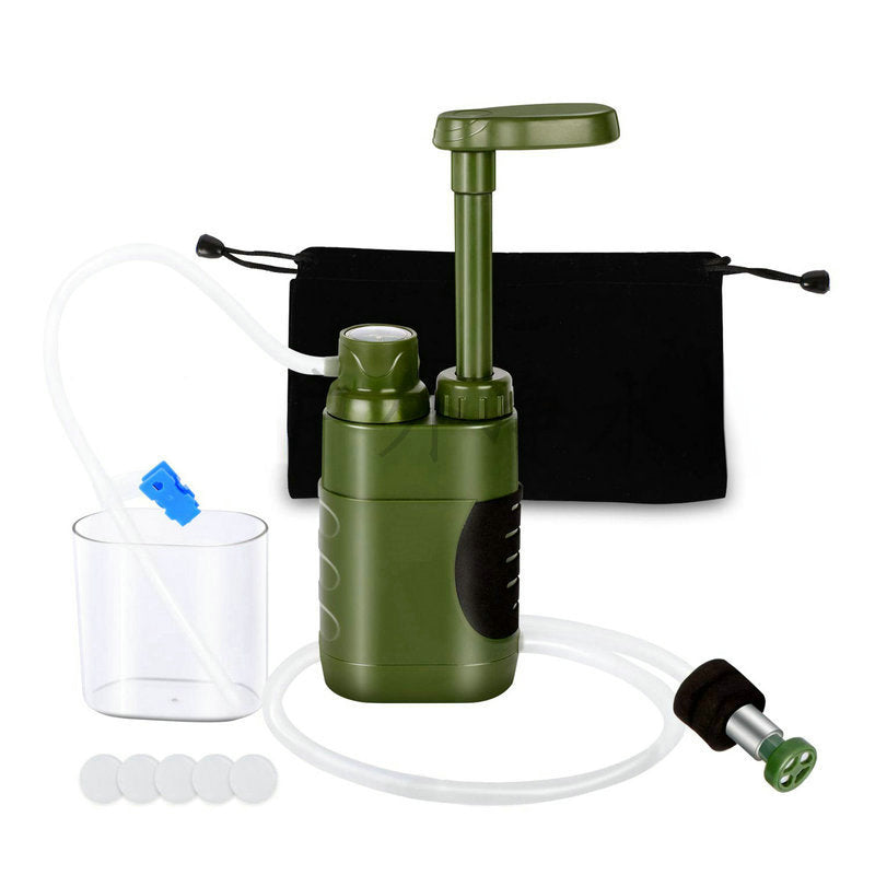 A portable outdoor water filter pump with a 0.01-micron, 3-stage filtration system, suitable for hiking and camping.