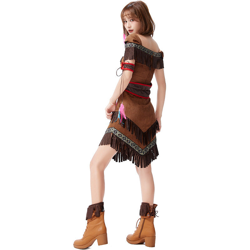 Halloween Party Costume German Easter Indigenous Fringe Skirt Warrior Archer Dress for Women