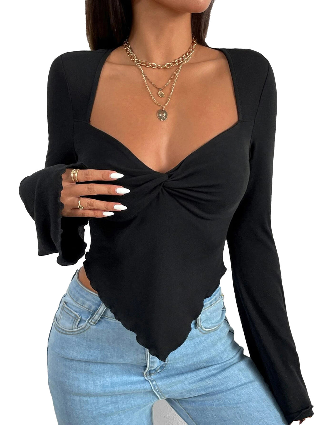 Ladies' elegant style T-shirt for spring and summer new style, slim fit short cut with slanted collar, solid color top