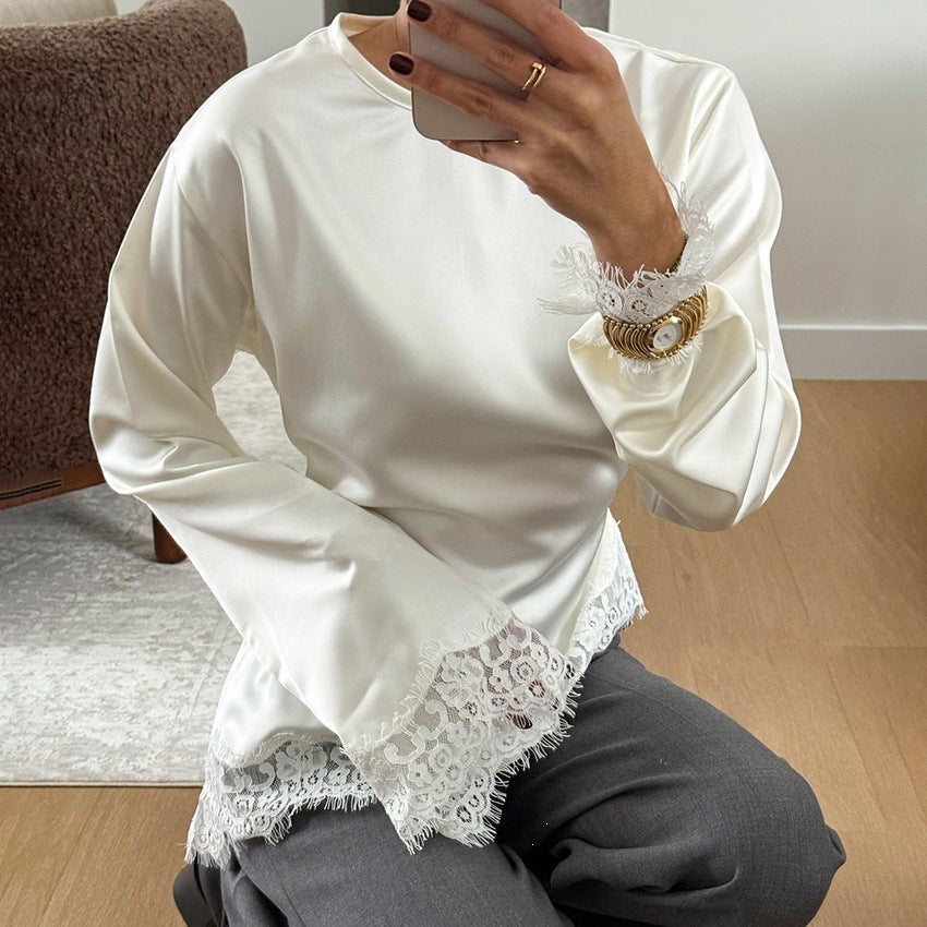 Round neck solid color long sleeved irregular hem T-shirt for women