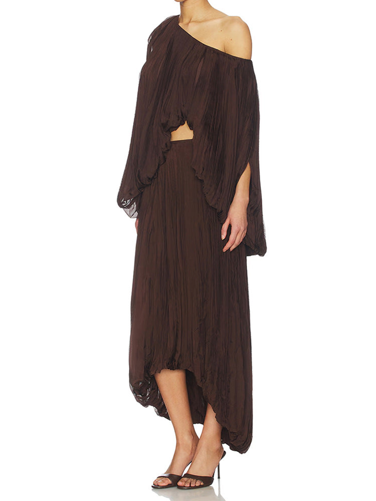 Wrinkled single-shoulder top and skirt set