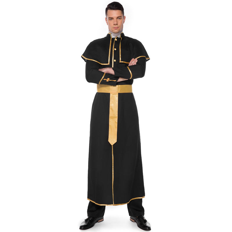 Men's Vintage Black Robe Performance Costume Stage Drama Outfit, Halloween Party Costume, Masquerade Ball Cosplay Clothing