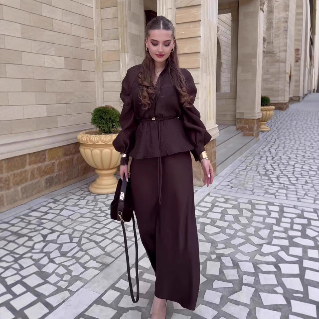 Chic V-Neck Fitted Long Sleeve Cardigan Top with High-Waisted Skirt Set for Women