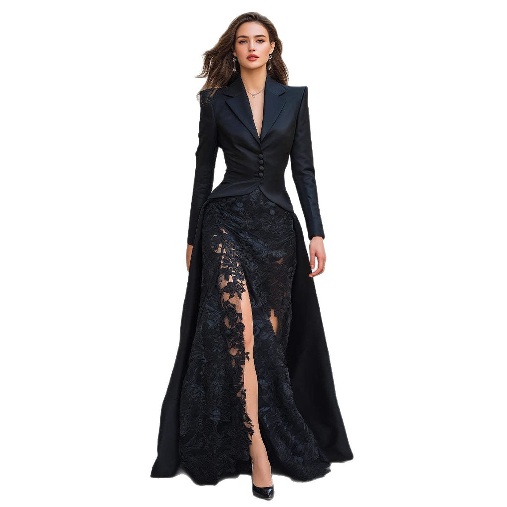 Chic Lace Suit Collar Two-Piece Long Sleeve Dress for Women