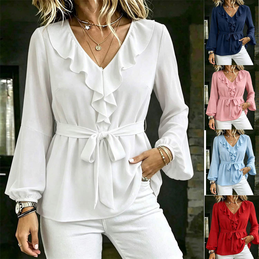 Elegant Women's V-Neck Ruffle Blouse with Tie Waist, Lantern Sleeves Long Sleeve Top
