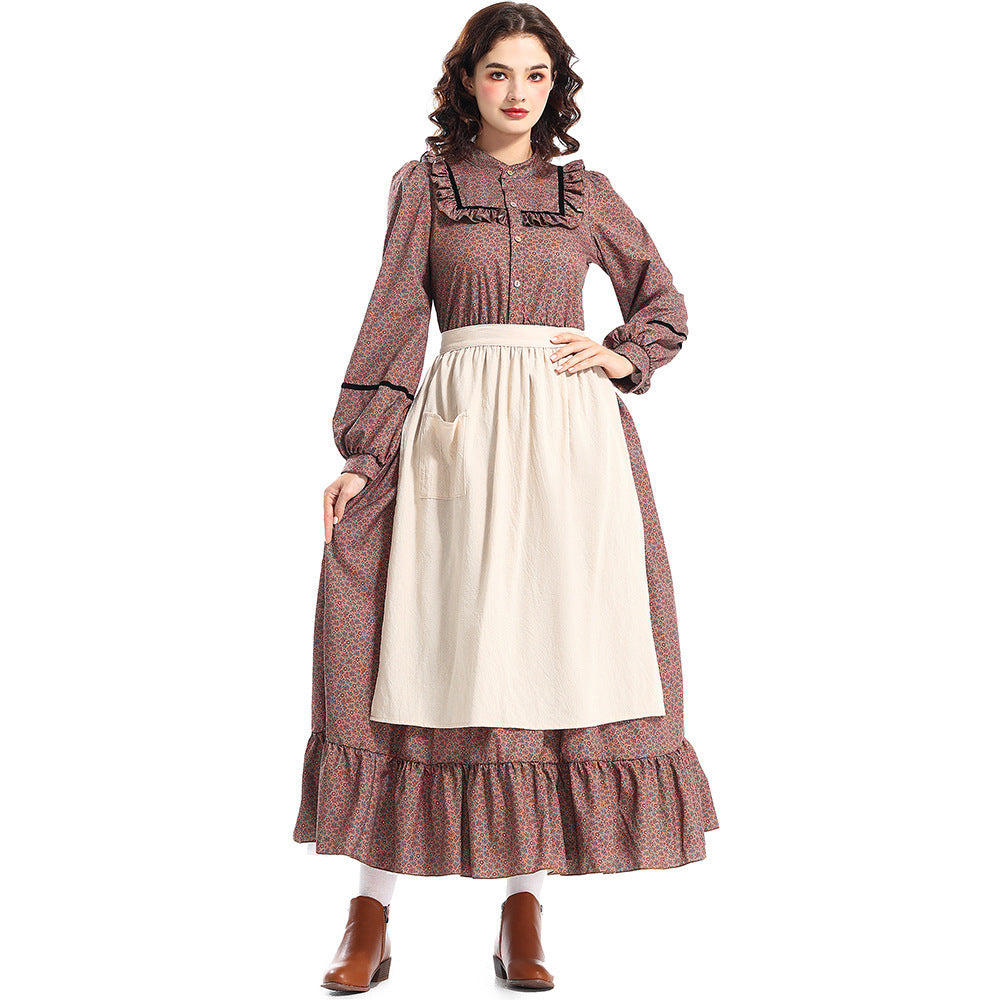 Halloween Costume Prairie Colonial Brown Floral Dress Frontier Victorian Medieval Style Dress