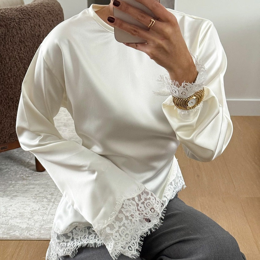 Round neck solid color long sleeved irregular hem T-shirt for women