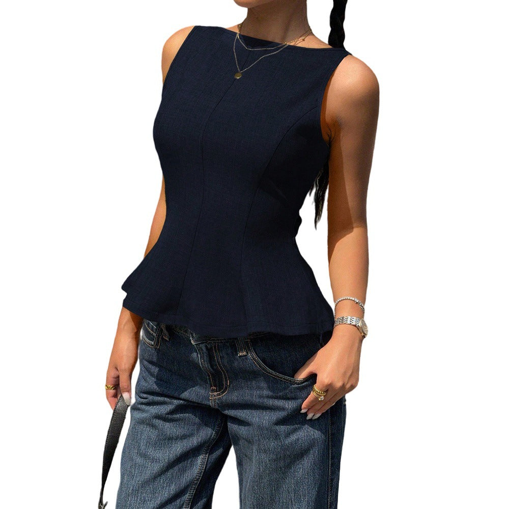 Sleeveless Fitted Top for Women with Ruffle Hem, Backless Bow Tie, Office Casual Versatile Style
