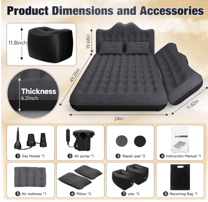 DikaSun Rear Car Air Cushion: Inflatable off-road vehicle camping bed, suitable for trucks and vans, thick double-sided plush tr