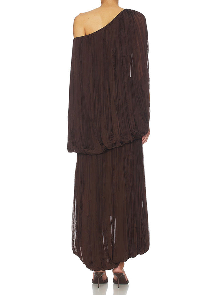 Wrinkled single-shoulder top and skirt set