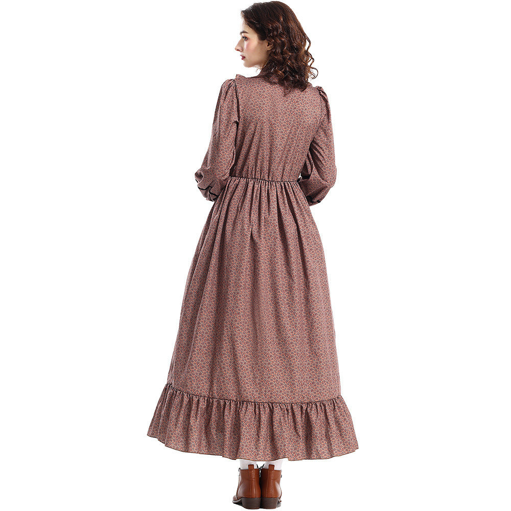 Halloween Costume Prairie Colonial Brown Floral Dress Frontier Victorian Medieval Style Dress