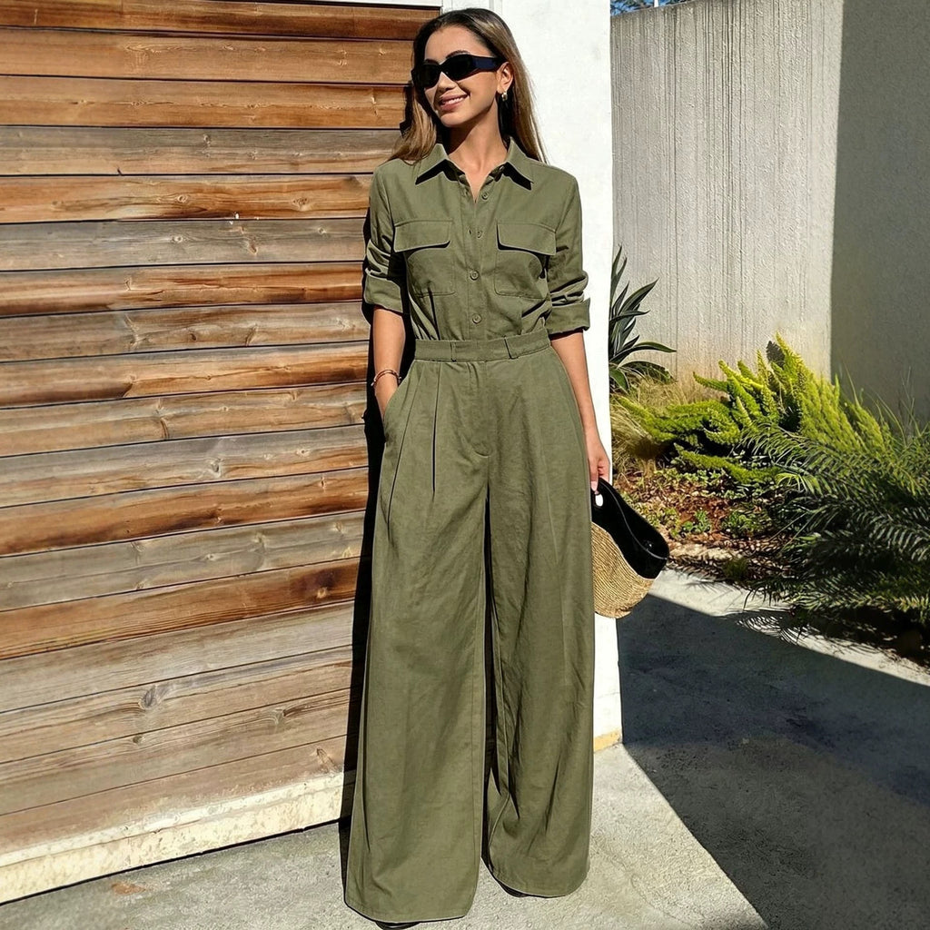 Women's collar long sleeved jumpsuit