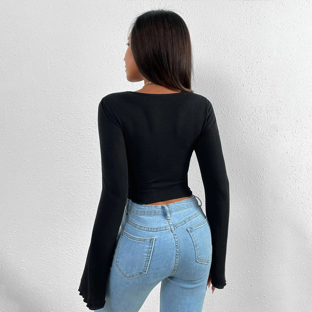 Ladies' elegant style T-shirt for spring and summer new style, slim fit short cut with slanted collar, solid color top
