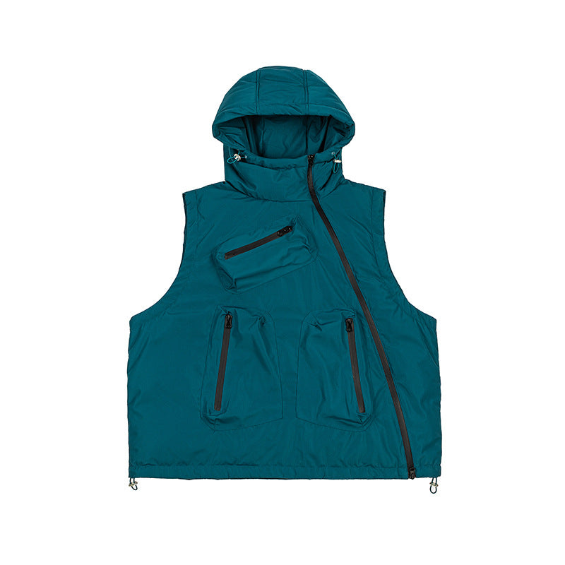 Vintage Design Outdoor Hooded Cargo Vest Men's Outdoor Functional Style Sleeveless Jacket Camping Outwear
