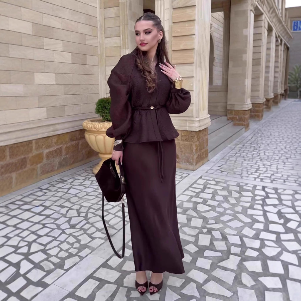 Chic V-Neck Fitted Long Sleeve Cardigan Top with High-Waisted Skirt Set for Women