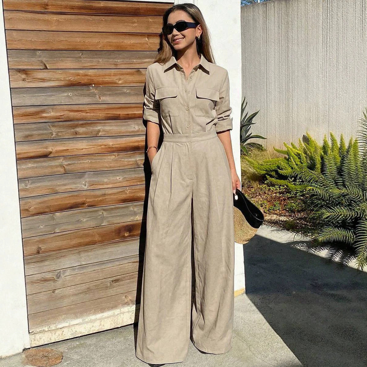 Women's collar long sleeved jumpsuit