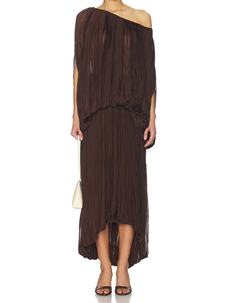 Wrinkled single-shoulder top and skirt set