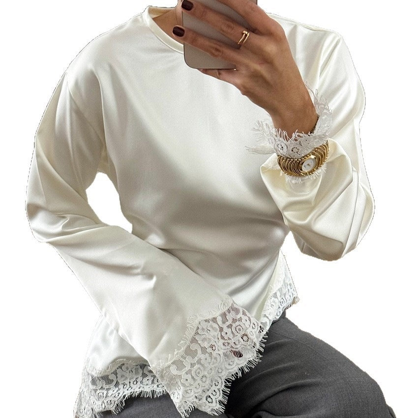 Round neck solid color long sleeved irregular hem T-shirt for women