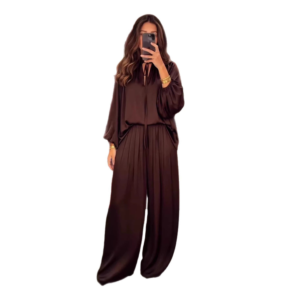 Solid color V-neck lace up loose pants set for women