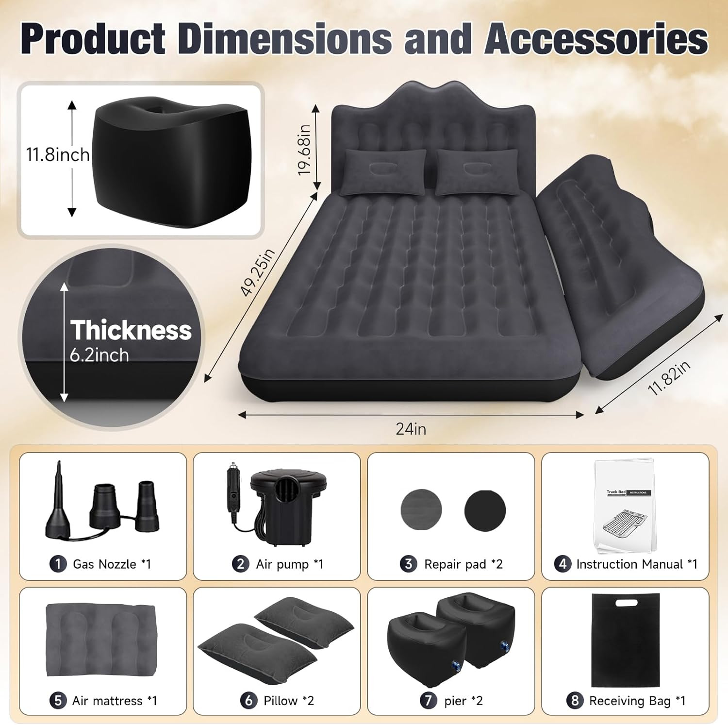 Rear seat car cushion: Inflatable off-road vehicle camping bed, suitable for trucks and vans, thick double-sided plush travel ca