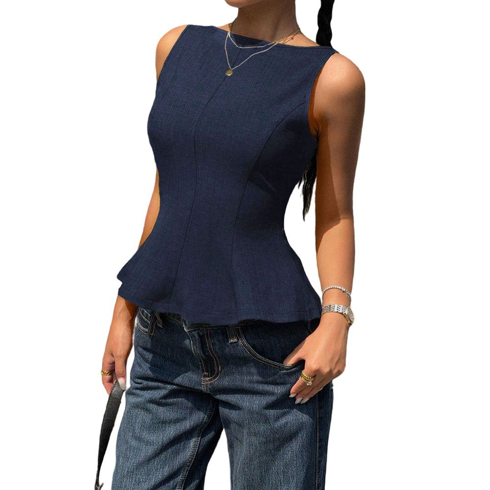 Sleeveless Fitted Top for Women with Ruffle Hem, Backless Bow Tie, Office Casual Versatile Style