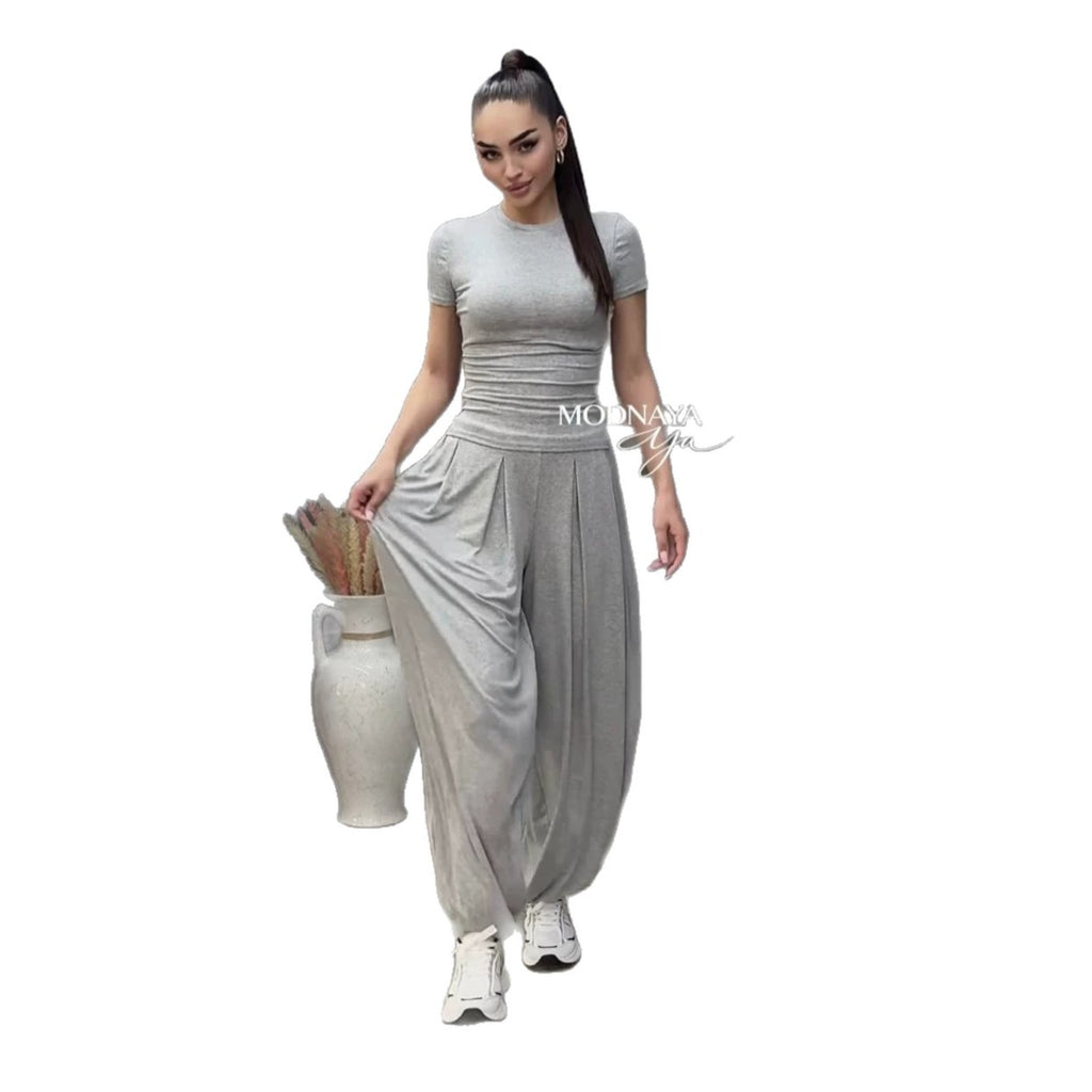 Style summer short sleeve T-shirt wide-leg pants casual elegant women's set