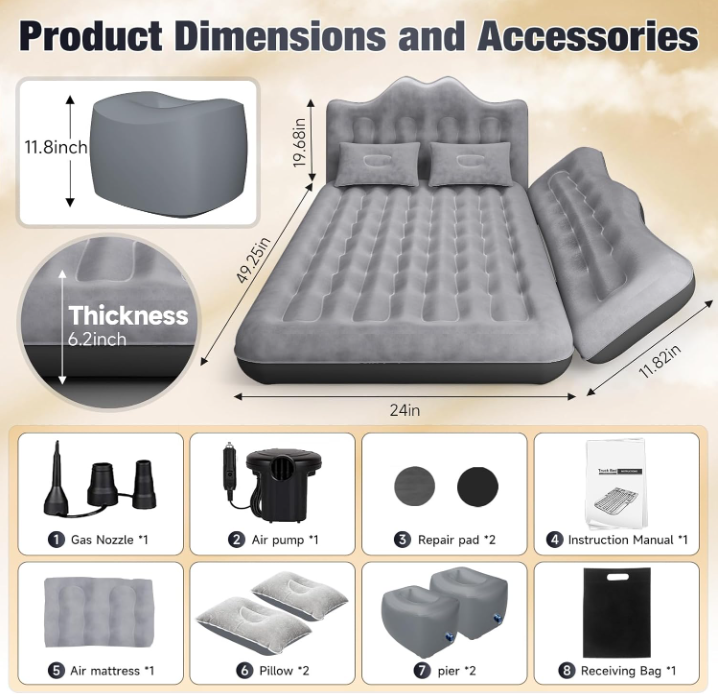 DikaSun Rear Car Air Cushion: Inflatable off-road vehicle camping bed, suitable for trucks and vans, thick double-sided plush t