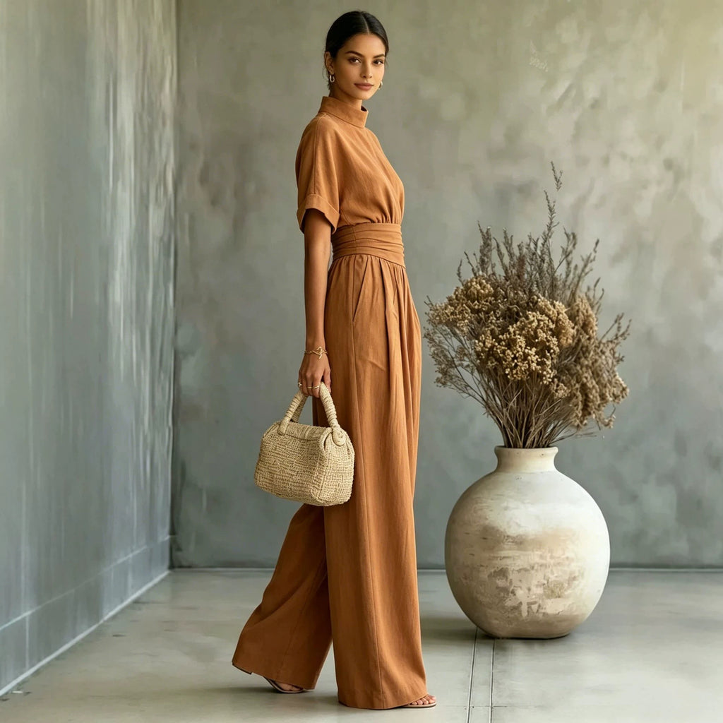 Half high neck short sleeved wide leg jumpsuit