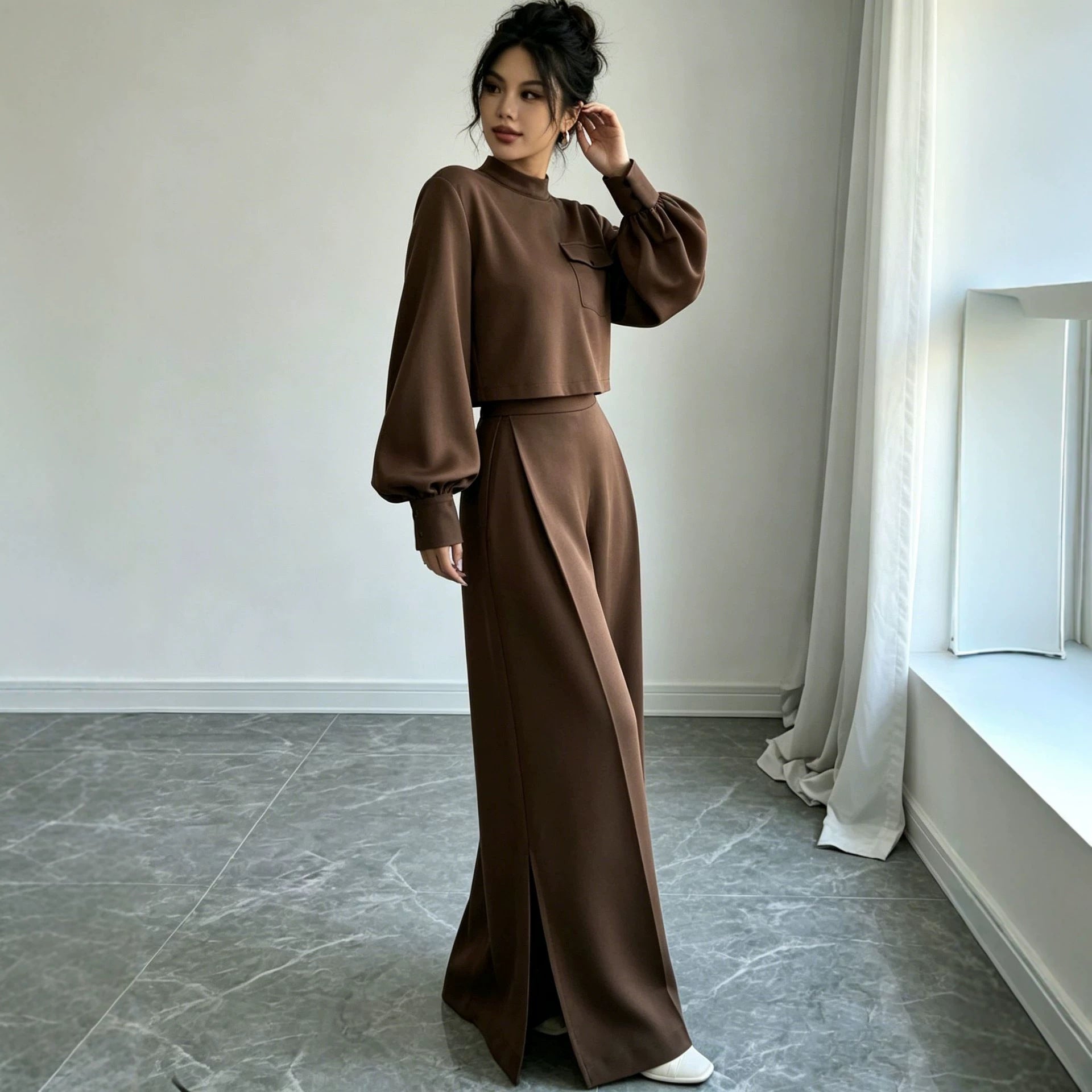 Solid color wide leg pants set for women