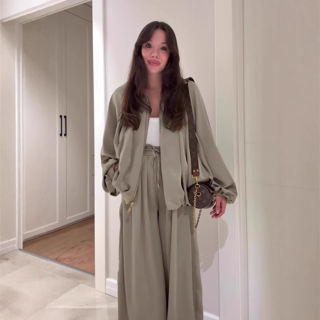 Flip collar long sleeved jacket and long pants 2-piece set