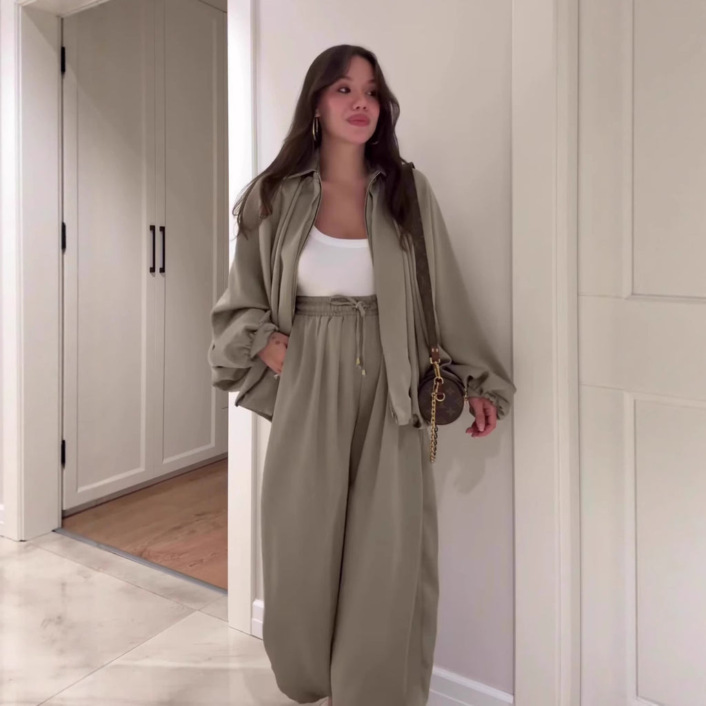 Flip collar long sleeved jacket and long pants 2-piece set