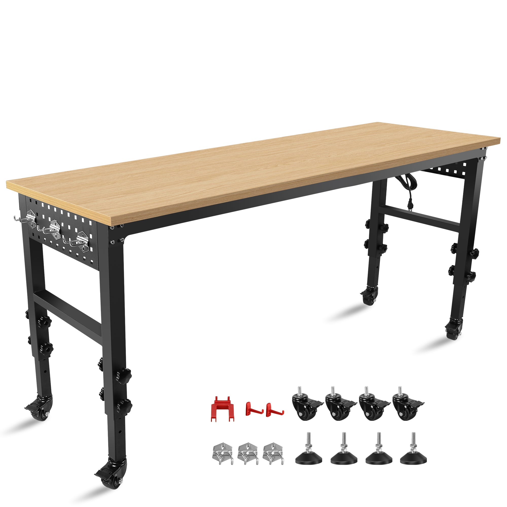 72 inch x 24 inch adjustable worktable, rolling heavy-duty worktable with power socket and wheels