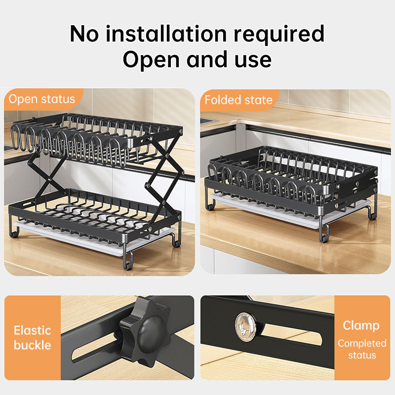 Foldable 2-Layer Kitchen Dish Rack, Large Capacity Countertop Drying Shelf for Bowls & Cutlery