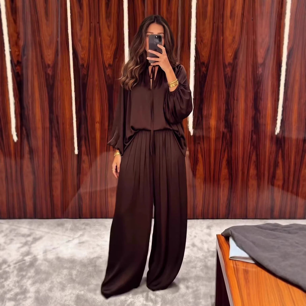 Solid color V-neck lace up loose pants set for women