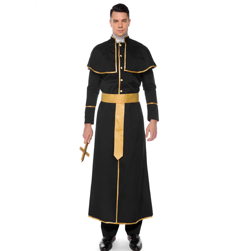 Men's Vintage Black Robe Performance Costume Stage Drama Outfit, Halloween Party Costume, Masquerade Ball Cosplay Clothing