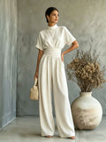 Half high neck short sleeved wide leg jumpsuit