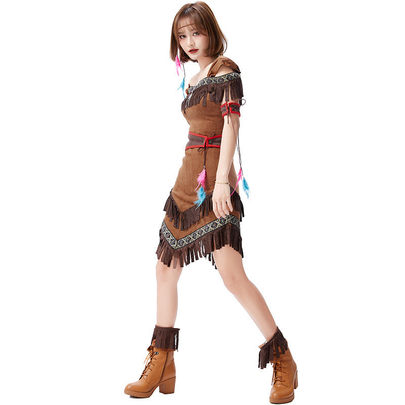 Halloween Party Costume German Easter Indigenous Fringe Skirt Warrior Archer Dress for Women