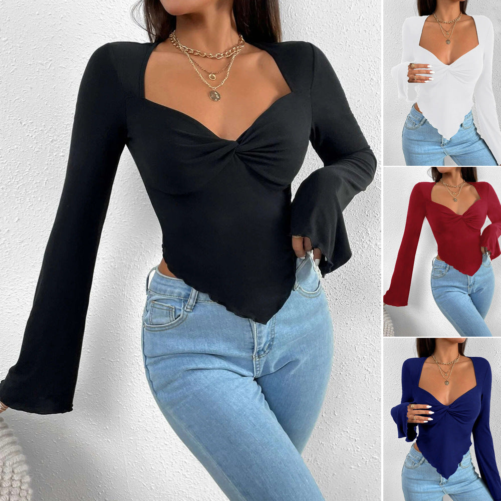 Ladies' elegant style T-shirt for spring and summer new style, slim fit short cut with slanted collar, solid color top