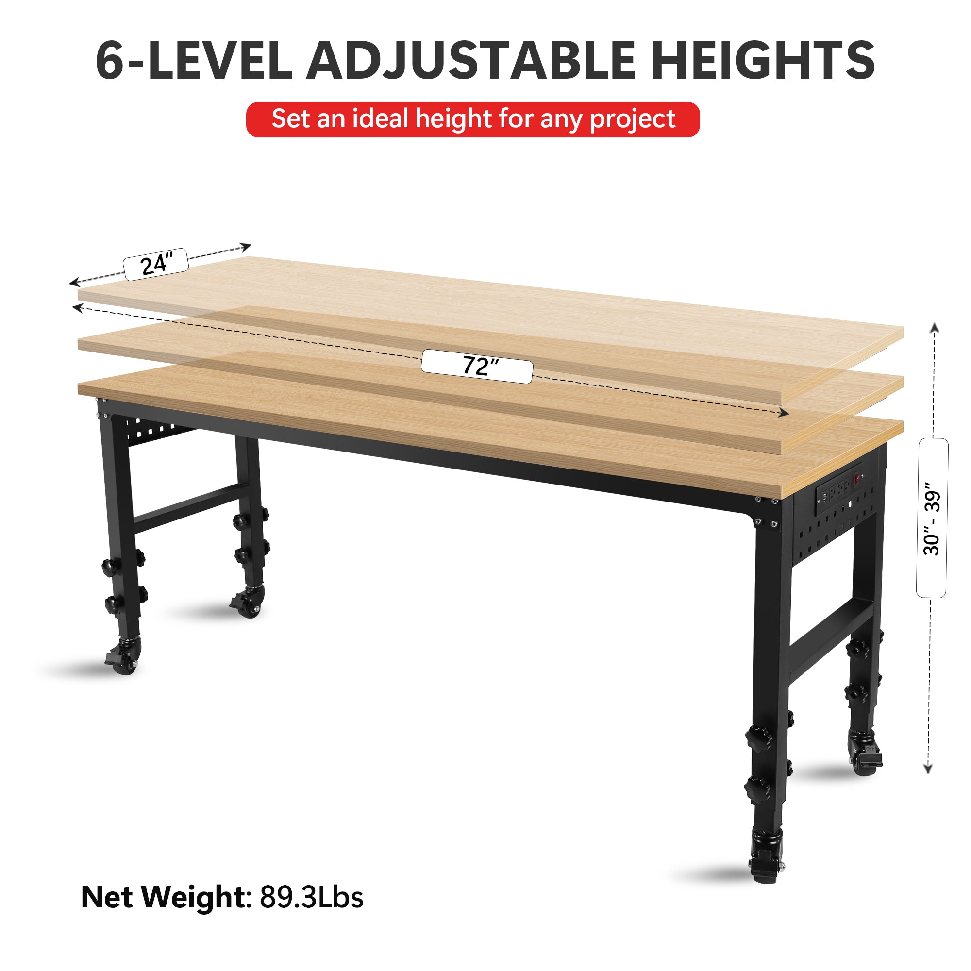 72 inch x 24 inch adjustable worktable, rolling heavy-duty worktable with power socket and wheels