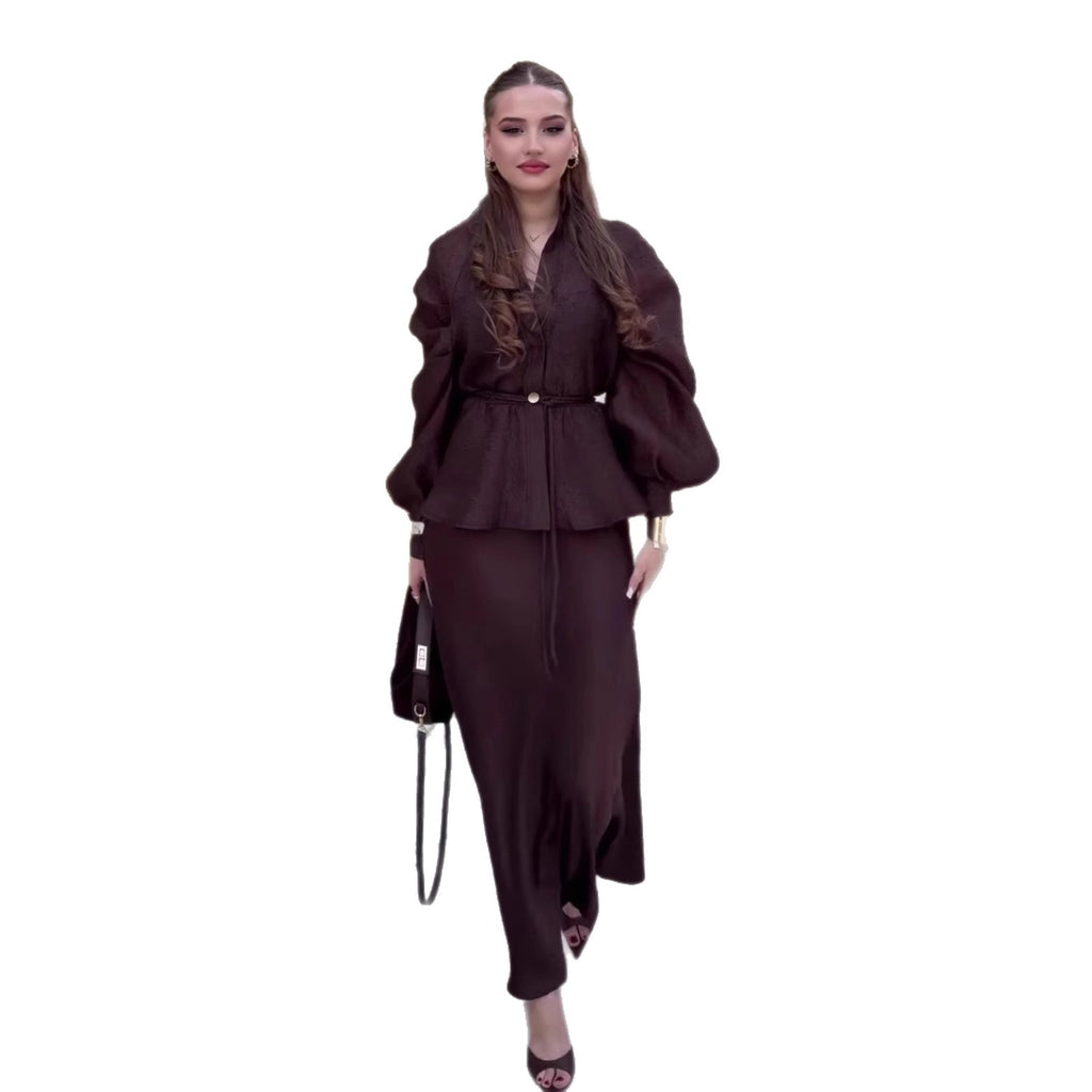 Chic V-Neck Fitted Long Sleeve Cardigan Top with High-Waisted Skirt Set for Women