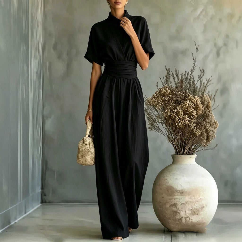 Half high neck short sleeved wide leg jumpsuit