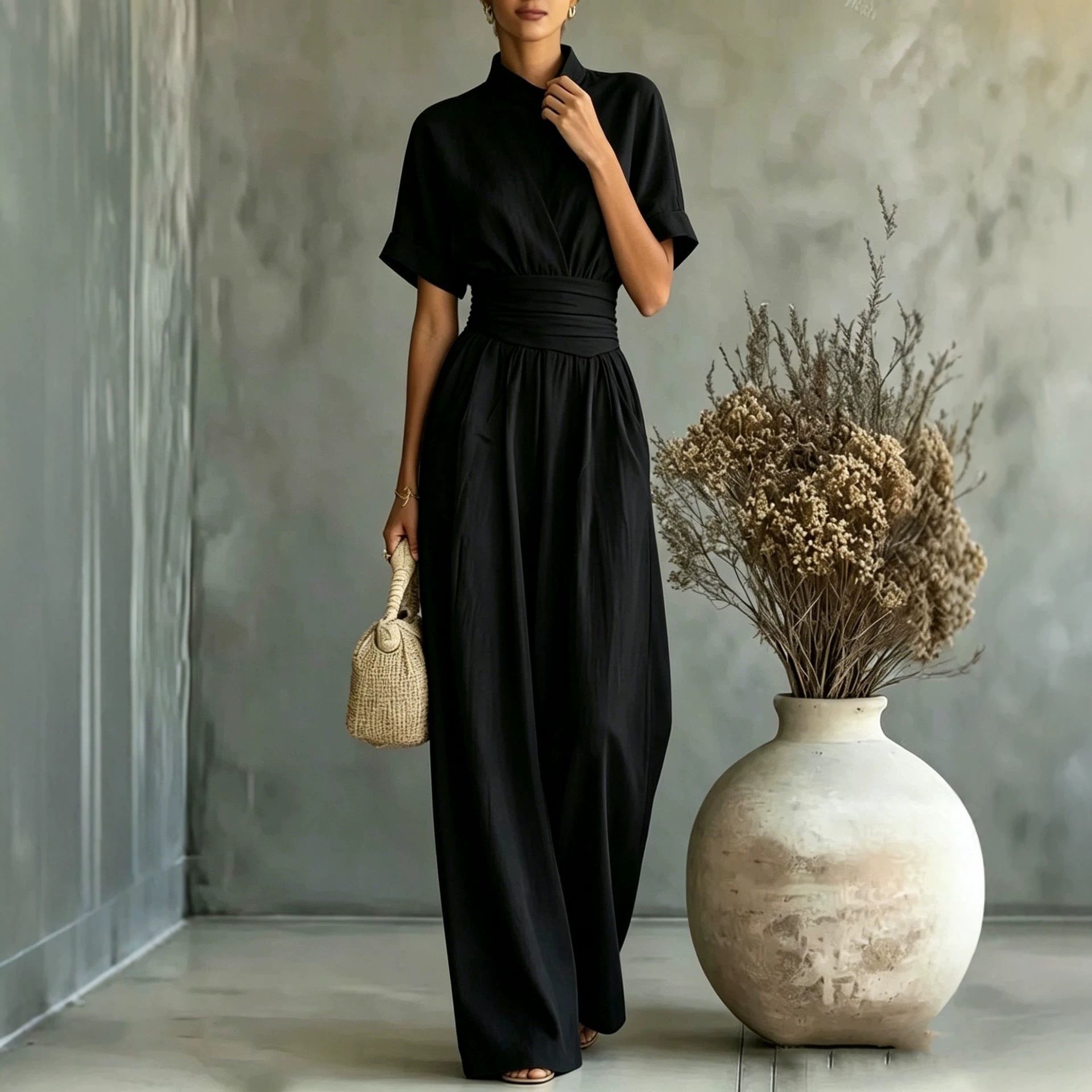 Half high neck short sleeved wide leg jumpsuit