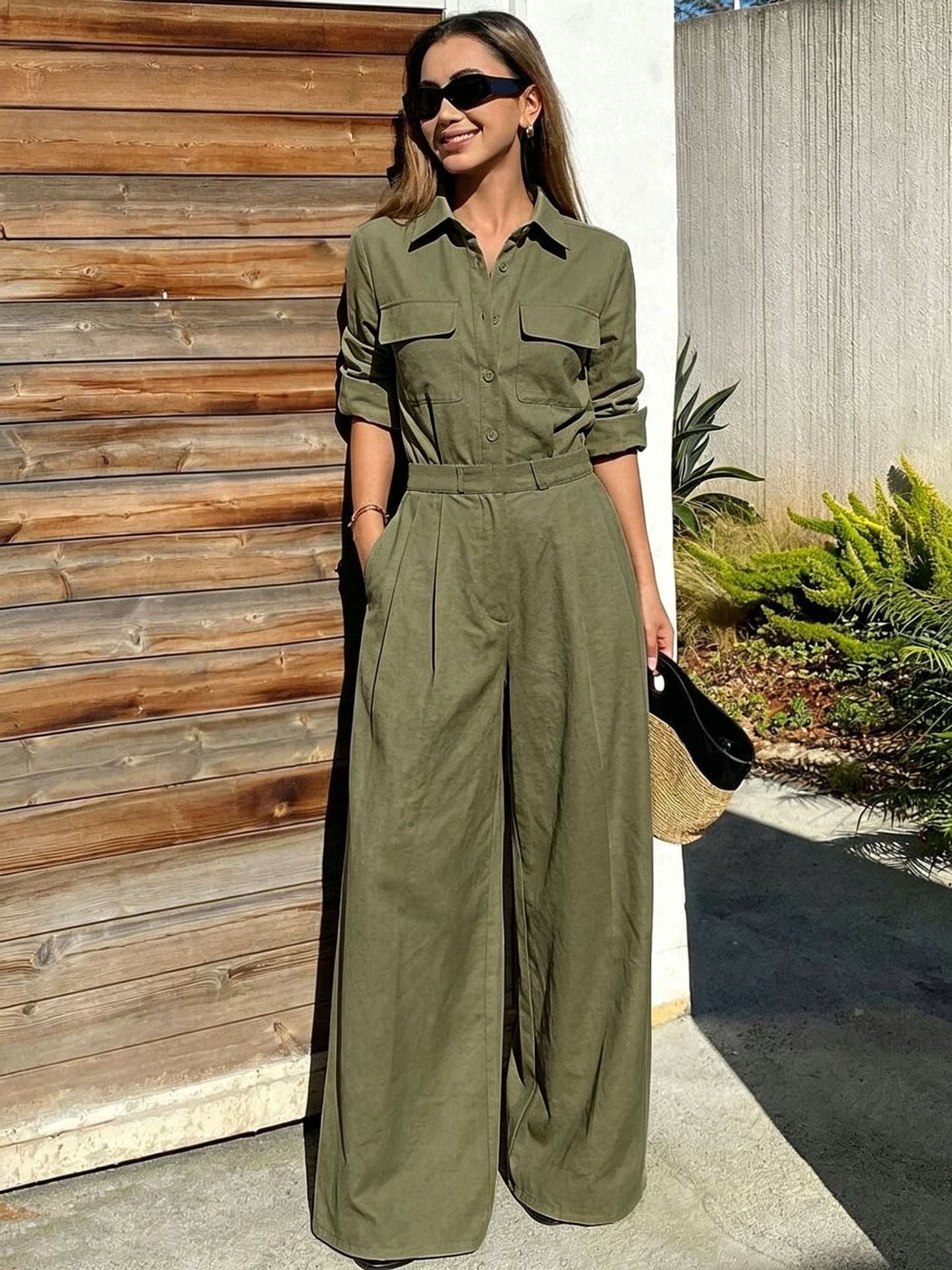 Women's collar long sleeved jumpsuit