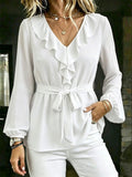 Elegant Women's V-Neck Ruffle Blouse with Tie Waist, Lantern Sleeves Long Sleeve Top