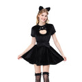 Cute Hollow-out Black Cat Women's  Fitted Mini Skirt Halloween Theme Party Stage Cat Girl Cosplay Costume