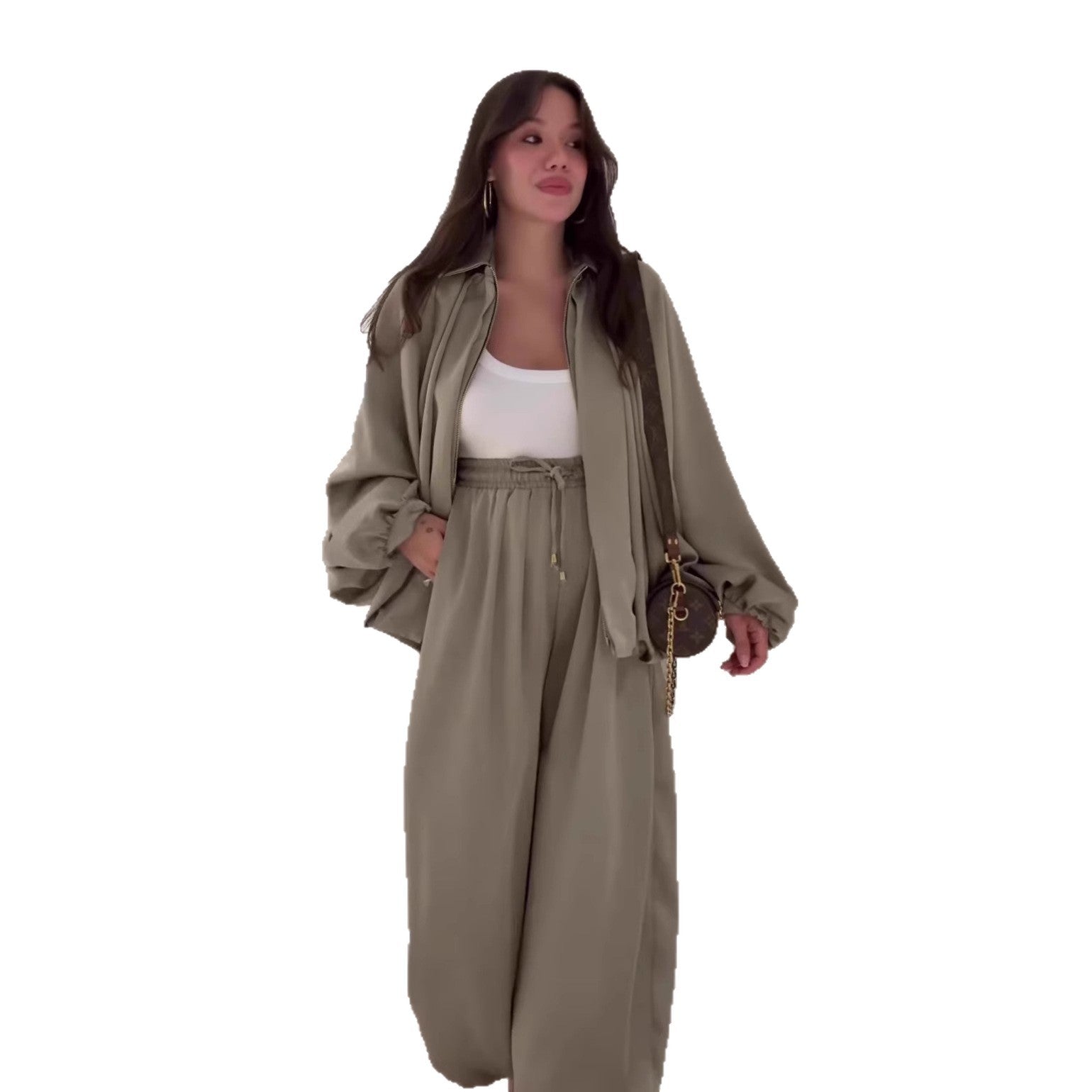 Flip collar long sleeved jacket and long pants 2-piece set