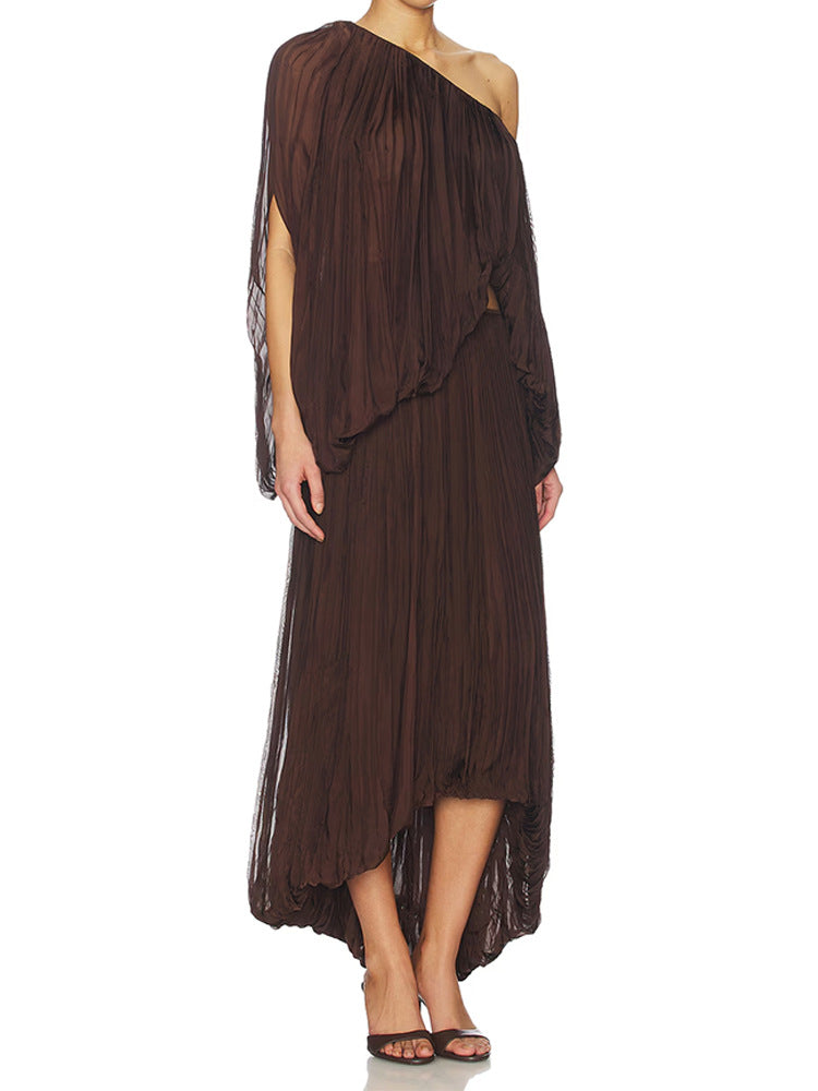 Wrinkled single-shoulder top and skirt set