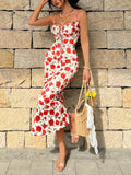 Romantic Vintage Beach Vacation Style Tie-Waist Floral Wrap Bodice Fitted Long Strap Dress