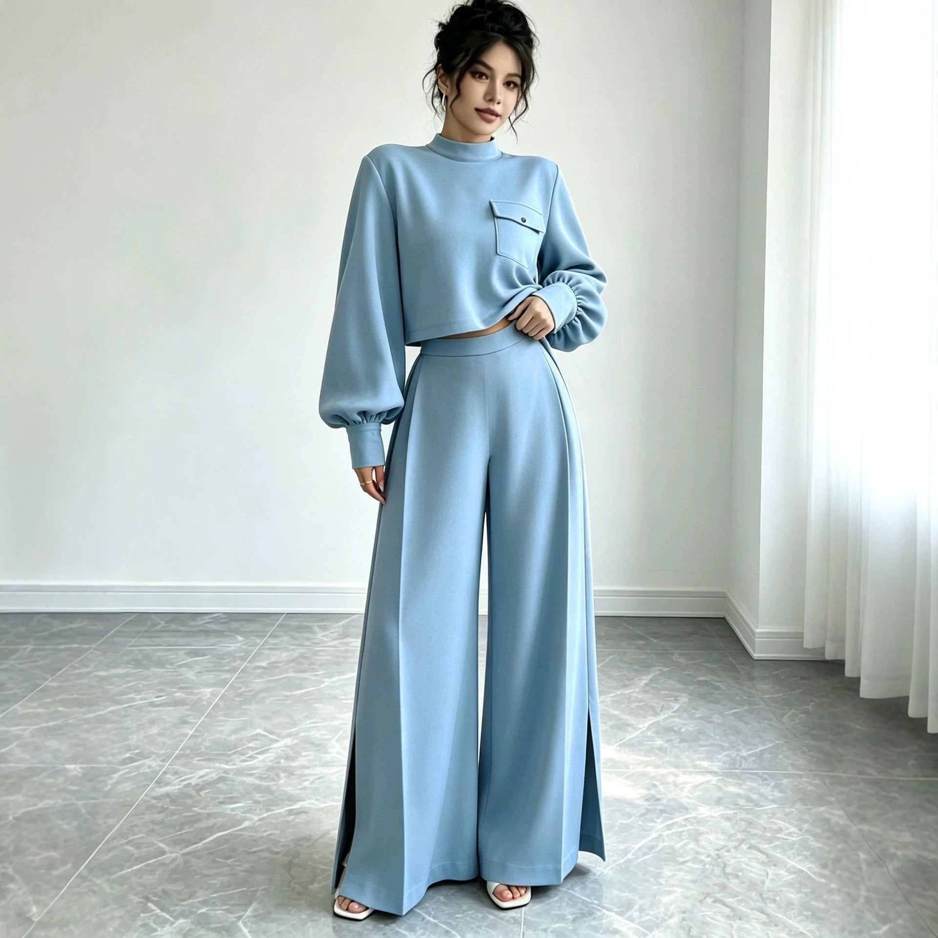 Solid color wide leg pants set for women
